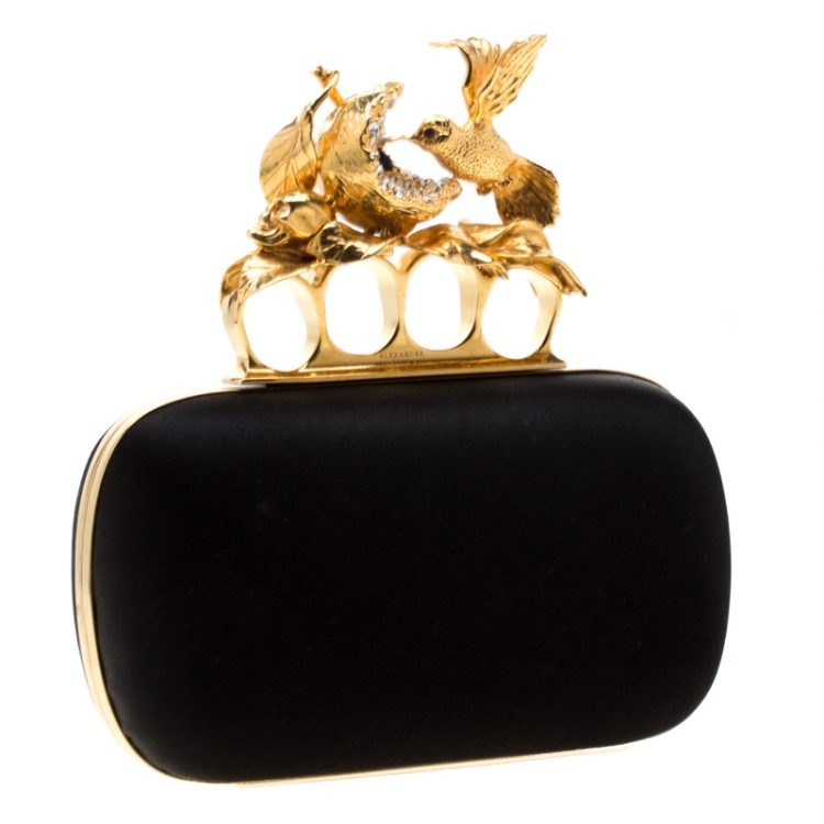 Pre Owned Alexander McQueen Black Satin Bird And Apple Knuckle Clutch