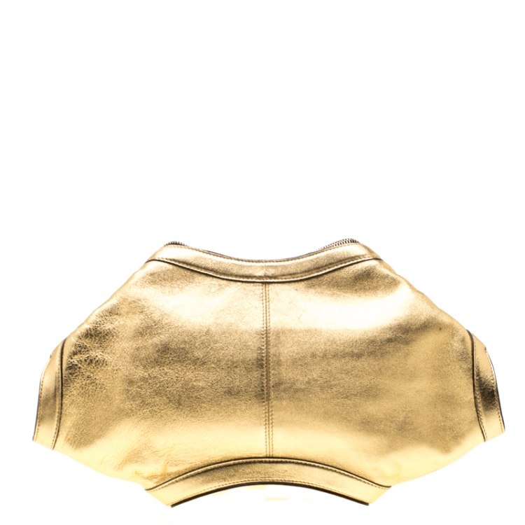 Pre Owned Alexander McQueen Gold Metallic Leather Medium De Manta Clutch