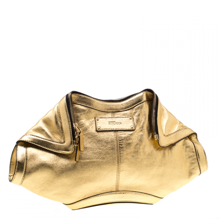 Pre Owned Alexander McQueen Gold Metallic Leather Medium De Manta Clutch