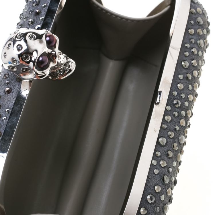 Pre Owned Alexander McQueen Grey Nubuck Leather and Crystal Embellished Skull Clutch