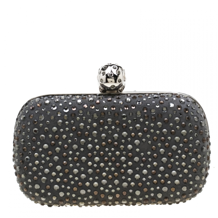 Pre Owned Alexander McQueen Grey Nubuck Leather and Crystal Embellished Skull Clutch