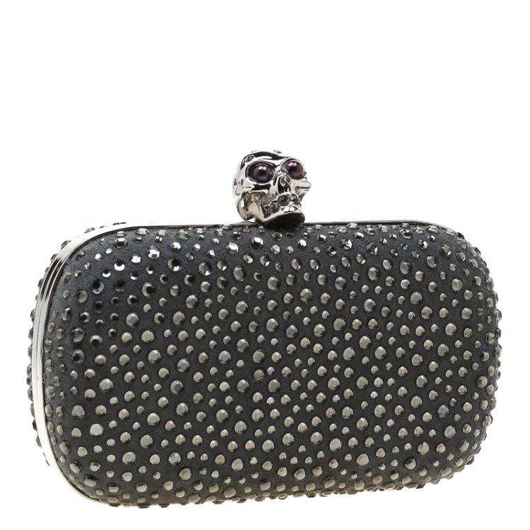 Pre Owned Alexander McQueen Grey Nubuck Leather and Crystal Embellished Skull Clutch