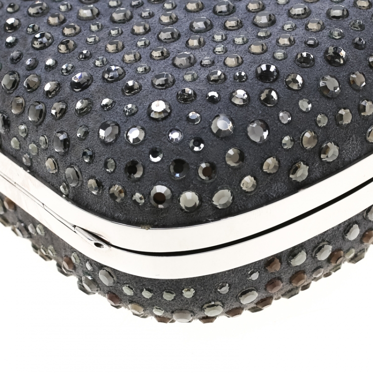 Pre Owned Alexander McQueen Grey Nubuck Leather and Crystal Embellished Skull Clutch