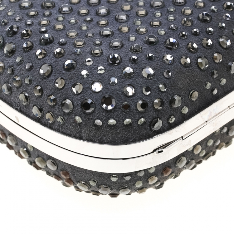 Pre Owned Alexander McQueen Grey Nubuck Leather and Crystal Embellished Skull Clutch