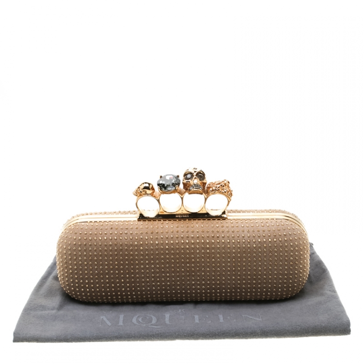 Pre Owned Alexander McQueen Beige Nubuck Leather Studded Skull Knuckle Clutch