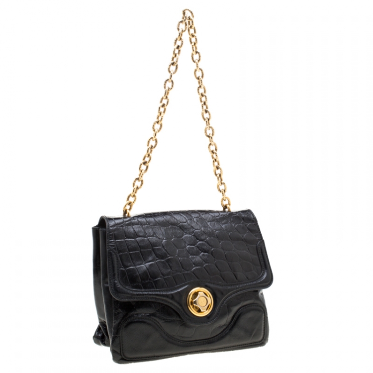 Pre Owned Alexander McQueen Black Croc Embossed Leather Flap Chain Shoulder Bag