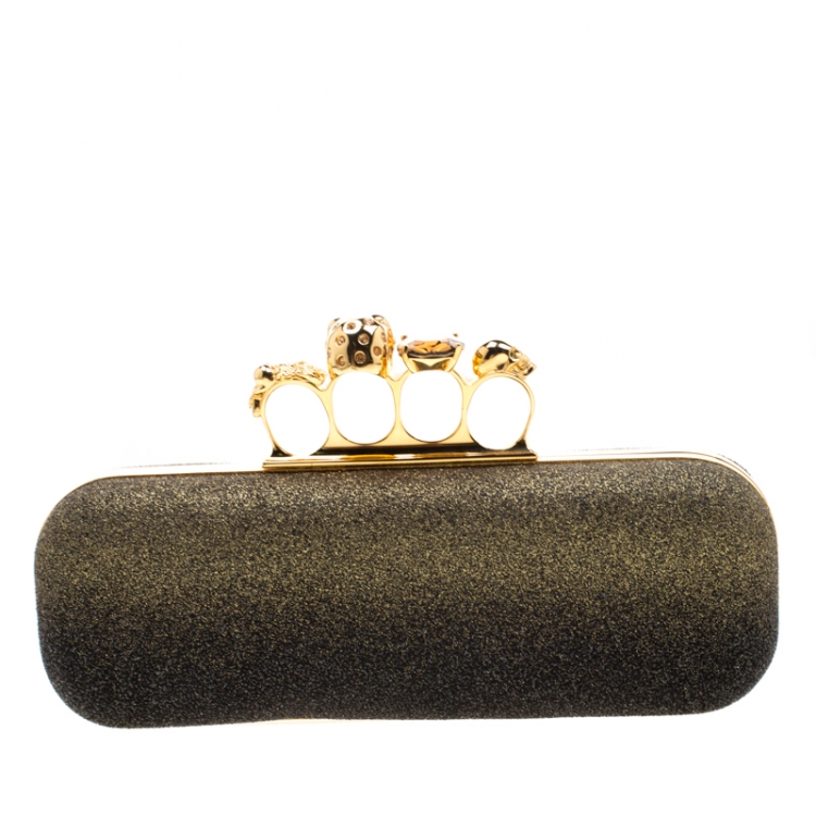 Pre Owned Alexander McQueen Black/Gold Ombre Glitters Skull Knuckle Clutch