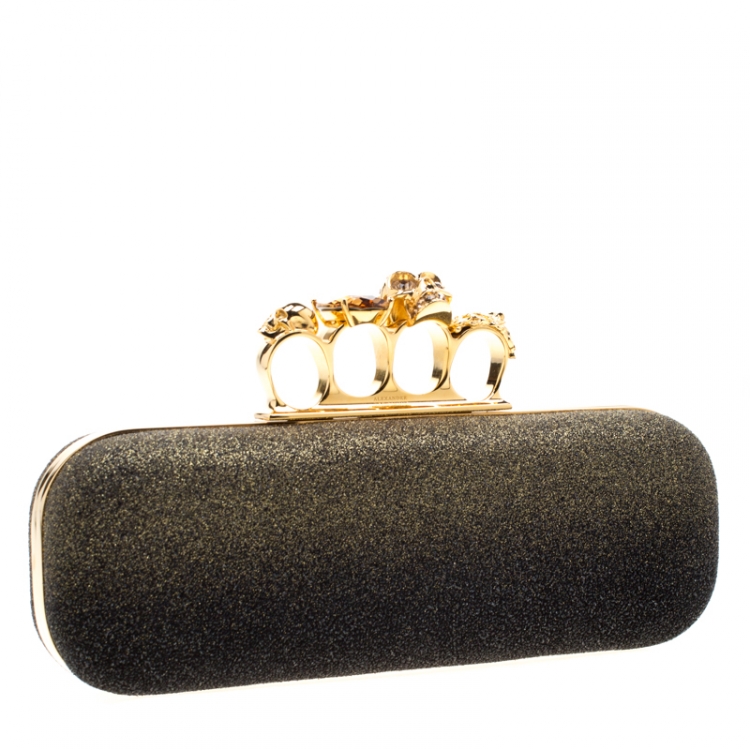 Pre Owned Alexander McQueen Black/Gold Ombre Glitters Skull Knuckle Clutch