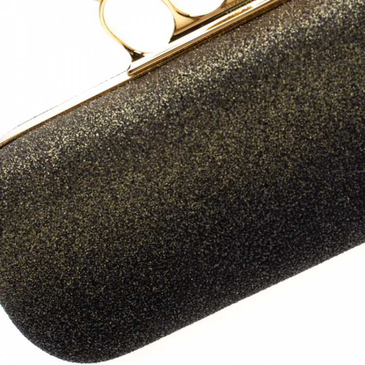 Pre Owned Alexander McQueen Black/Gold Ombre Glitters Skull Knuckle Clutch