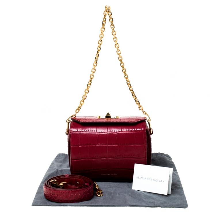 Pre Owned Alexander McQueen Red Croc Embossed Leather Box Shoulder Bag 