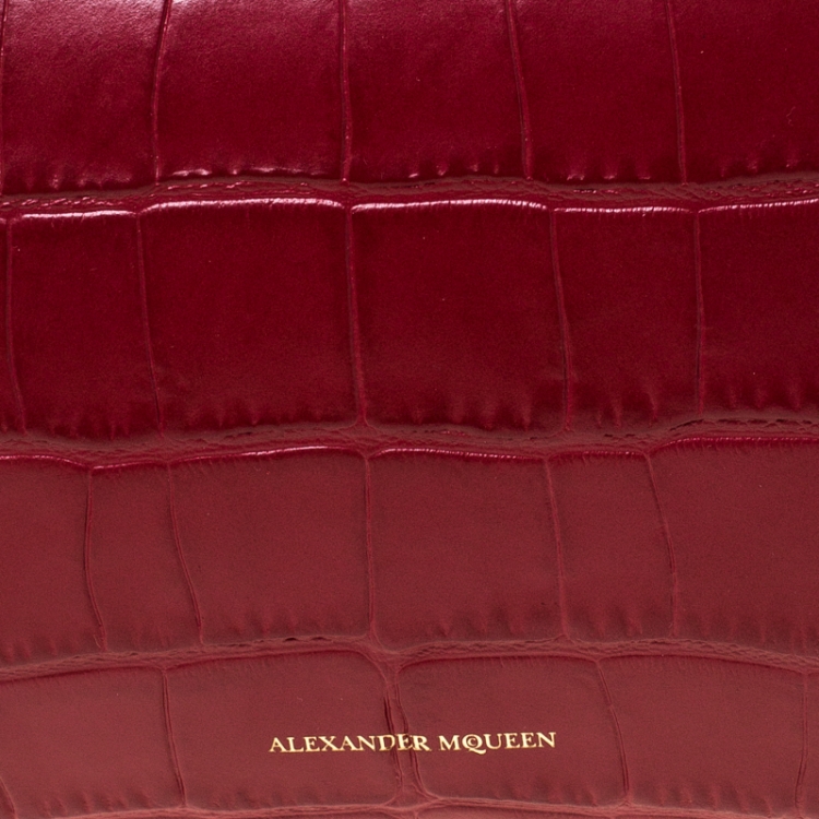 Pre Owned Alexander McQueen Red Croc Embossed Leather Box Shoulder Bag 
