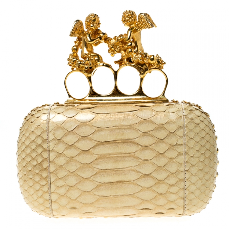 Pre Owned Alexander McQueen Light Yellow Python Angel Knuckle Box Clutch