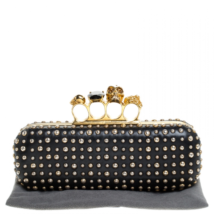 Pre Owned Alexander McQueen Black/Gold Studded Leather Skull Knuckle Box Clutch