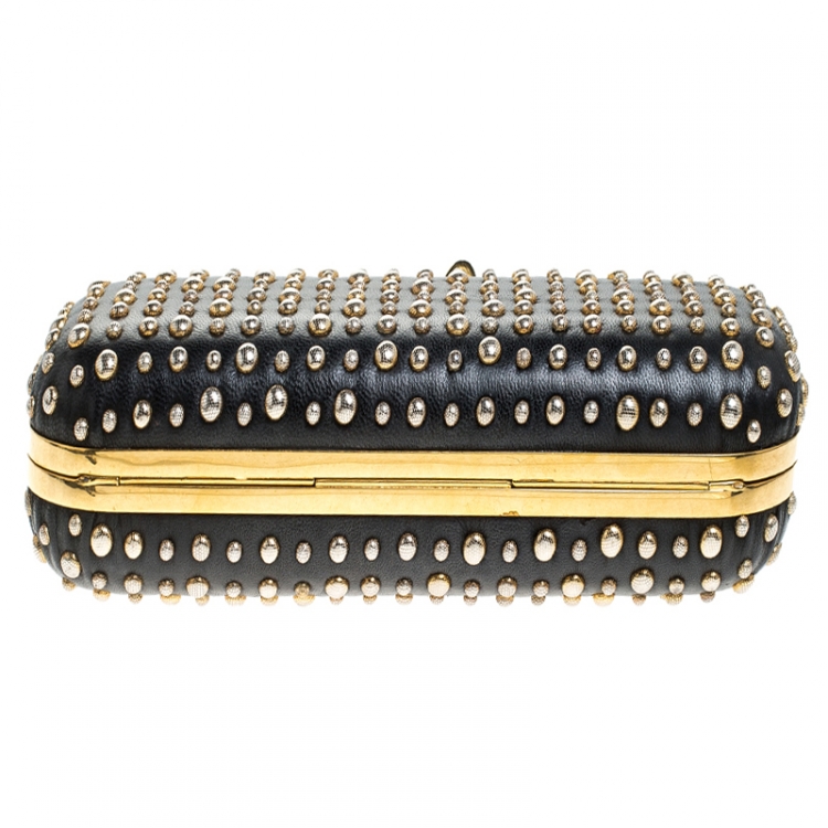 Pre Owned Alexander McQueen Black/Gold Studded Leather Skull Knuckle Box Clutch