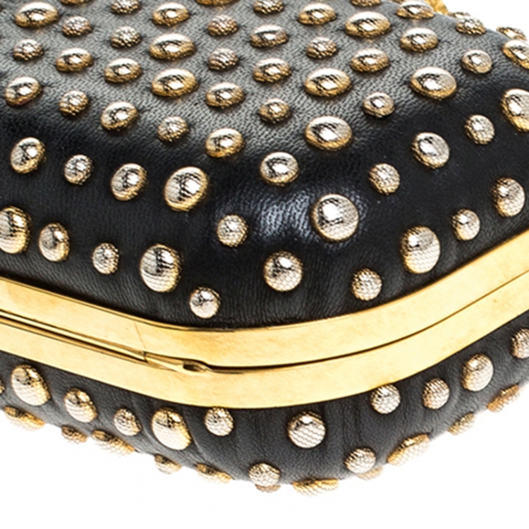 Pre Owned Alexander McQueen Black/Gold Studded Leather Skull Knuckle Box Clutch