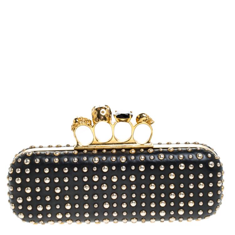 Pre Owned Alexander McQueen Black/Gold Studded Leather Skull Knuckle Box Clutch