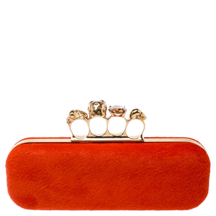 Pre Owned Alexander McQueen Orange Calfhair Skull Knuckle Box Clutch