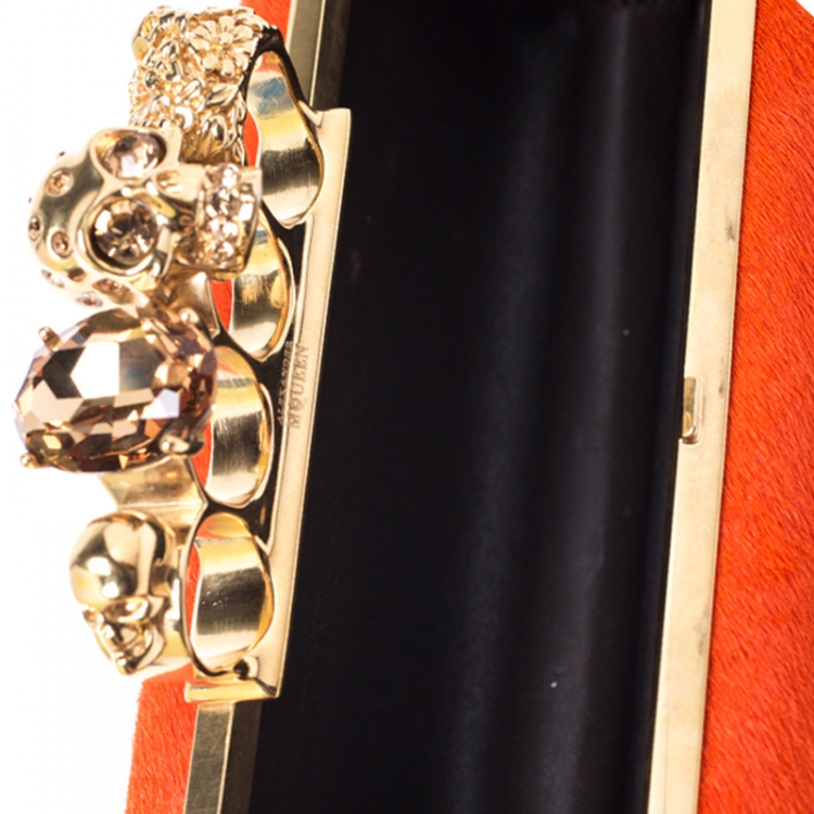Pre Owned Alexander McQueen Orange Calfhair Skull Knuckle Box Clutch