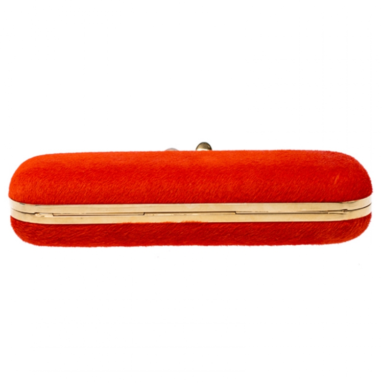 Pre Owned Alexander McQueen Orange Calfhair Skull Knuckle Box Clutch