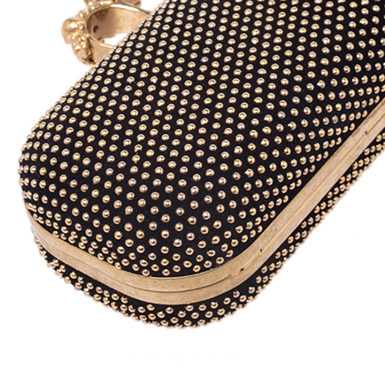 Pre Owned Alexander McQueen Black Studded Suede Skull Knuckle Box Clutch