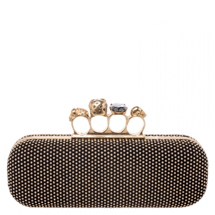 Pre Owned Alexander McQueen Black Studded Suede Skull Knuckle Box Clutch