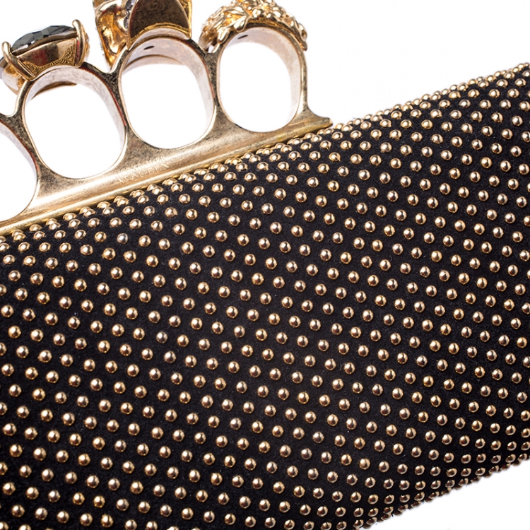 Pre Owned Alexander McQueen Black Studded Suede Skull Knuckle Box Clutch
