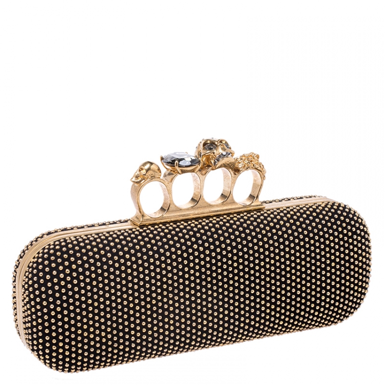 Pre Owned Alexander McQueen Black Studded Suede Skull Knuckle Box Clutch