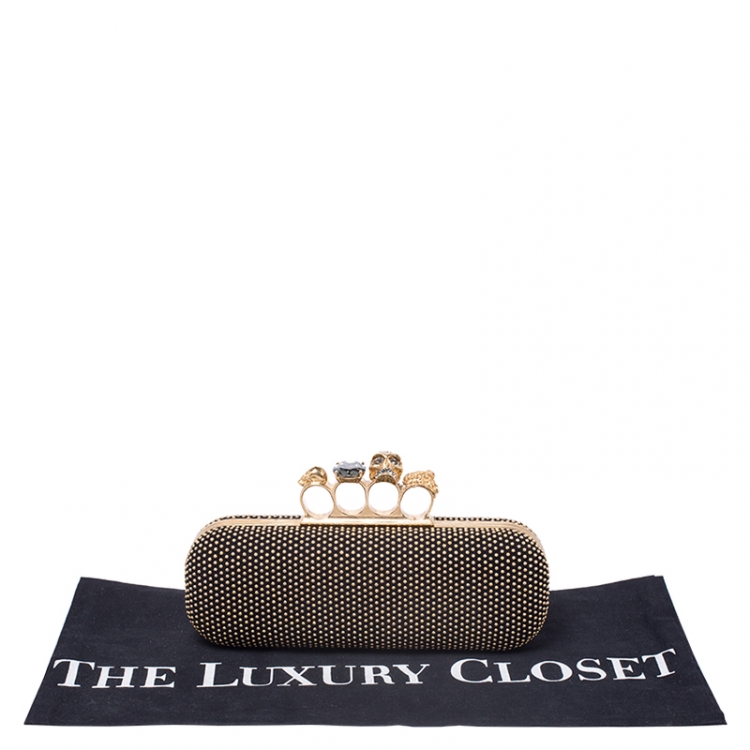 Pre Owned Alexander McQueen Black Studded Suede Skull Knuckle Box Clutch