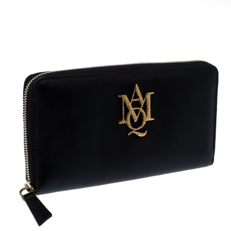 Pre Owned Alexander McQueen Black Leather AMQ Zip Around Continental Wallet