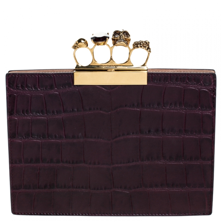 Pre Owned Alexander McQueen Crocodile Embossed Leather Skull Knuckle Flat Clutch 