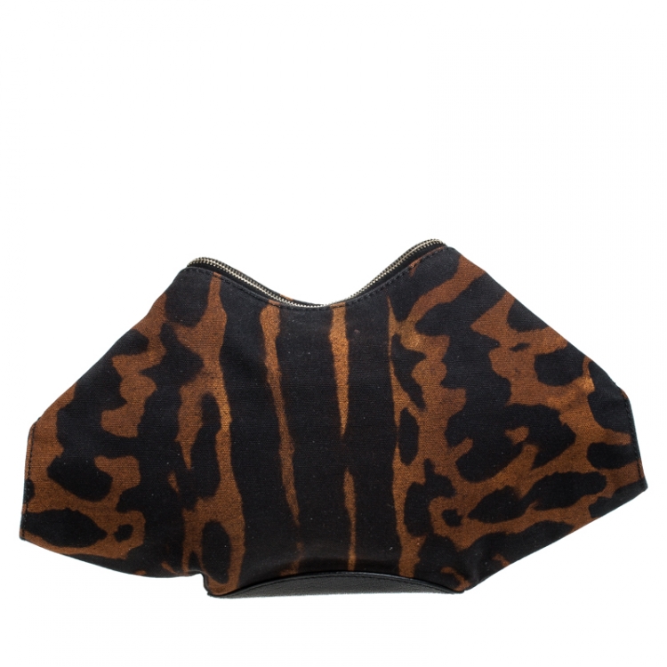 Pre Owned Alexander McQueen Black/Brown Leopard Print Canvas Medium De Manta Clutch