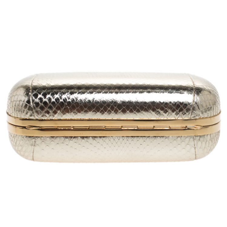 Pre Owned Alexander McQueen Metallic Gold Python Embossed Leather Skull Box Clutch