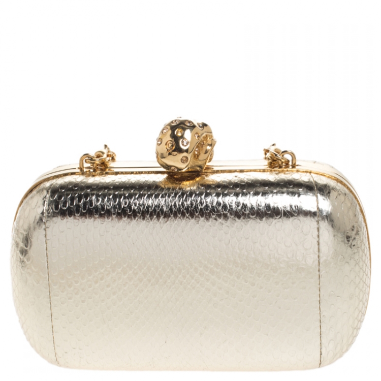 Pre Owned Alexander McQueen Metallic Gold Python Embossed Leather Skull Box Clutch