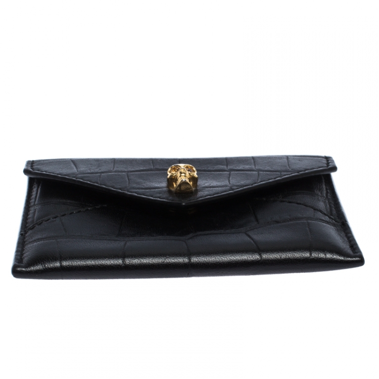 Pre Owned Alexander McQueen Black Crocodile Embossed Leather Skull Card Holder
