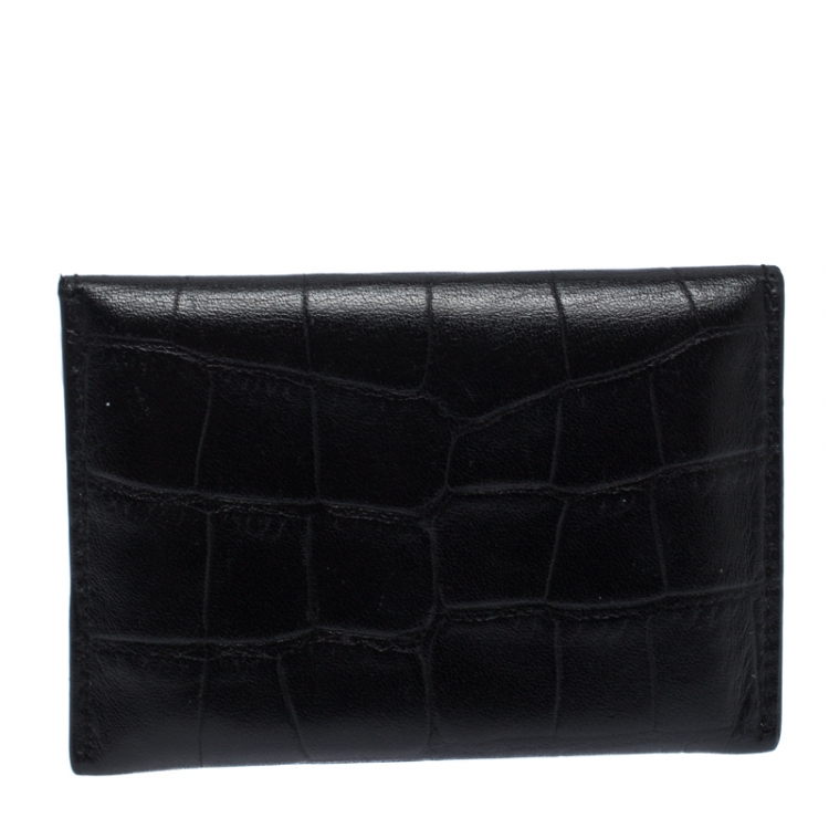 Pre Owned Alexander McQueen Black Crocodile Embossed Leather Skull Card Holder