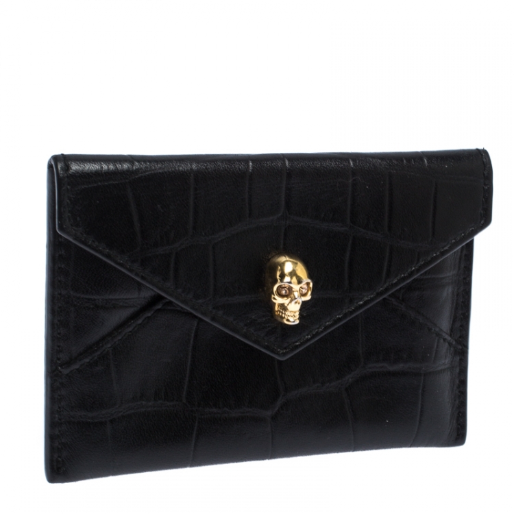 Pre Owned Alexander McQueen Black Crocodile Embossed Leather Skull Card Holder