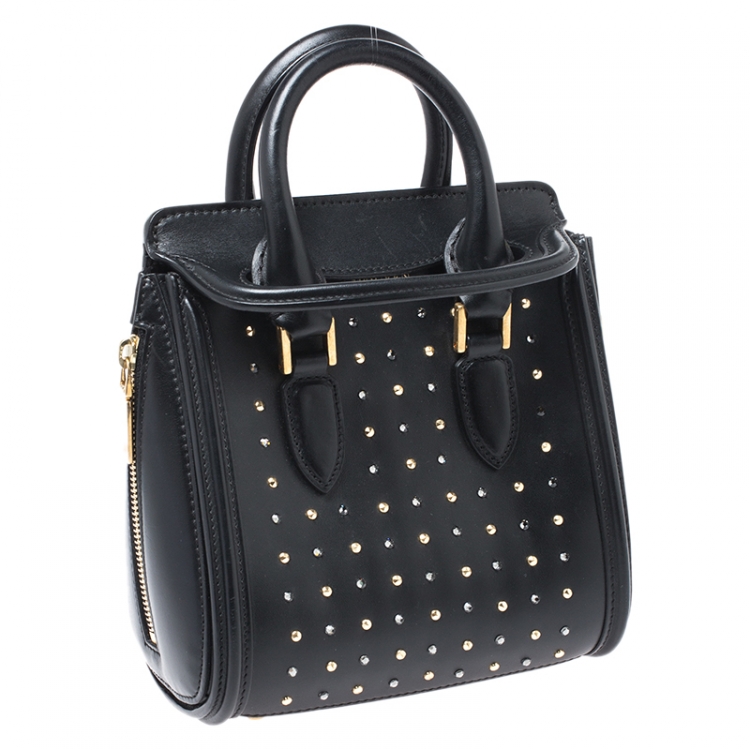 Pre Owned Alexander McQueen Black Leather Mini Crystal Studded Heroine Shoulder Bag
