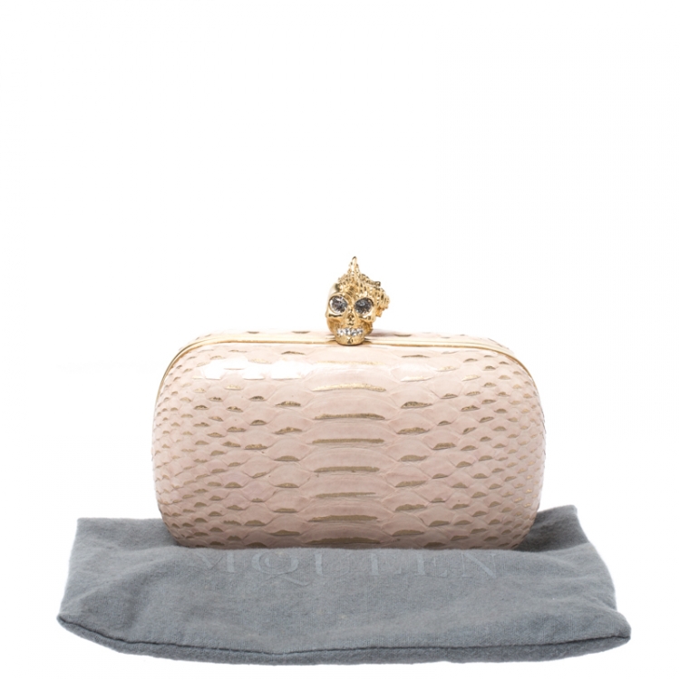 Pre Owned Alexander McQueen Beige/Gold Python Crystal Embellished Skull Clutch