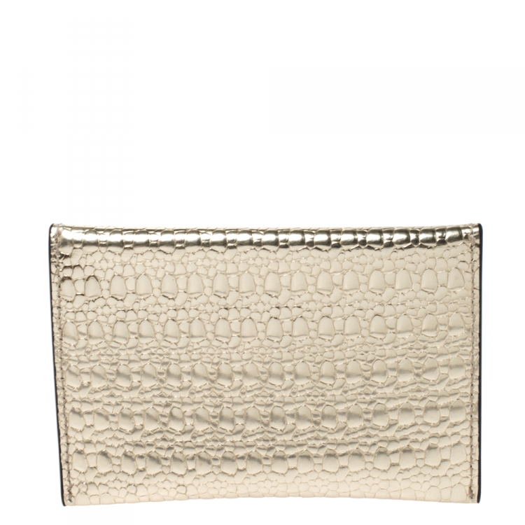 Pre Owned Alexander McQueen Metallic Gold Textured Leather Skull Card Holder