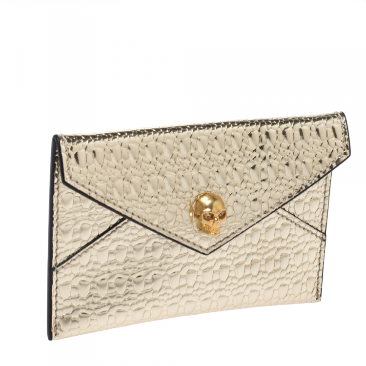 Pre Owned Alexander McQueen Metallic Gold Textured Leather Skull Card Holder