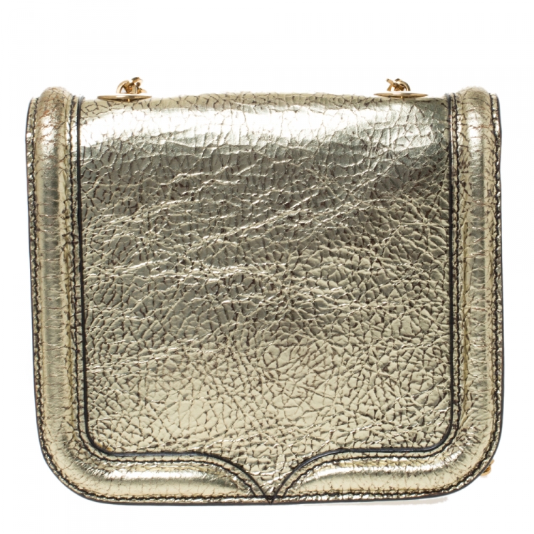 Pre Owned Alexander McQueen Metallic Gold Leather Mini Heroine Chain Crossbody Bag
