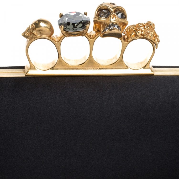 Pre Owned Alexander McQueen Black Satin Skull Knuckle Box Clutch