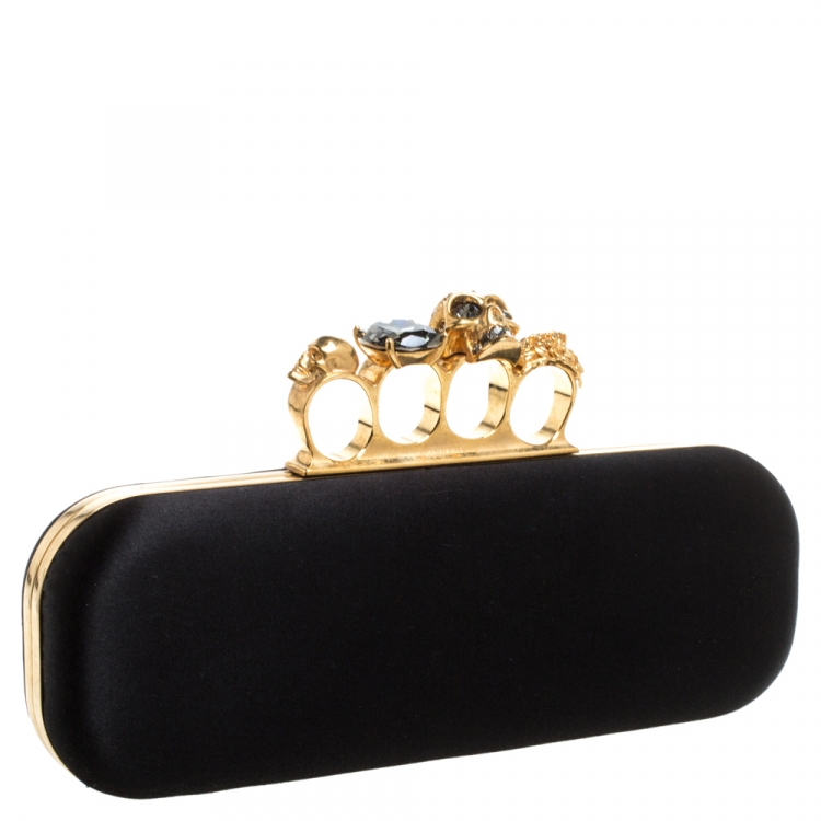 Pre Owned Alexander McQueen Black Satin Skull Knuckle Box Clutch