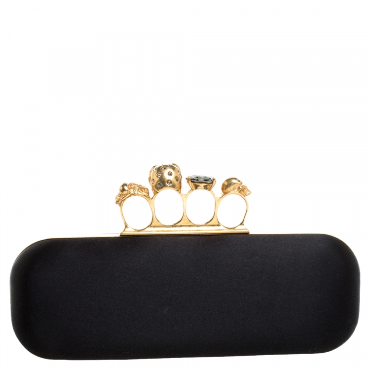 Pre Owned Alexander McQueen Black Satin Skull Knuckle Box Clutch