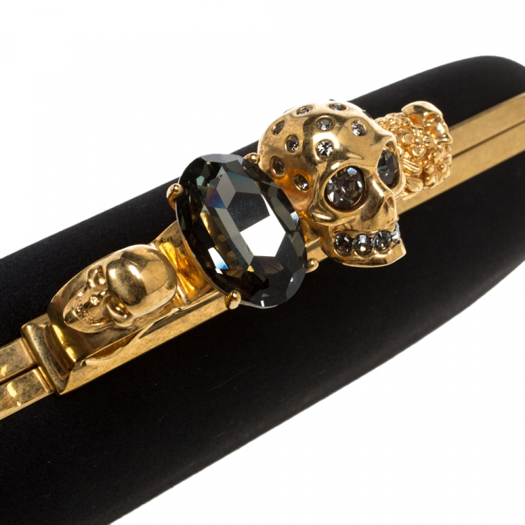 Pre Owned Alexander McQueen Black Satin Skull Knuckle Box Clutch