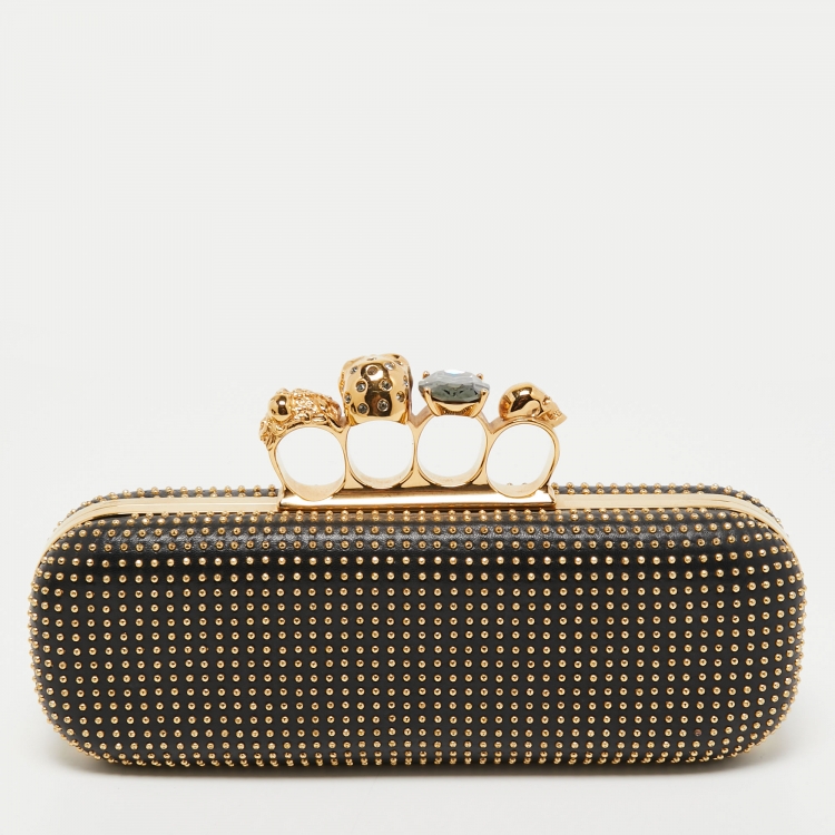 Pre Owned Alexander McQueen Black Studded Leather Skull Knuckle Box Clutch