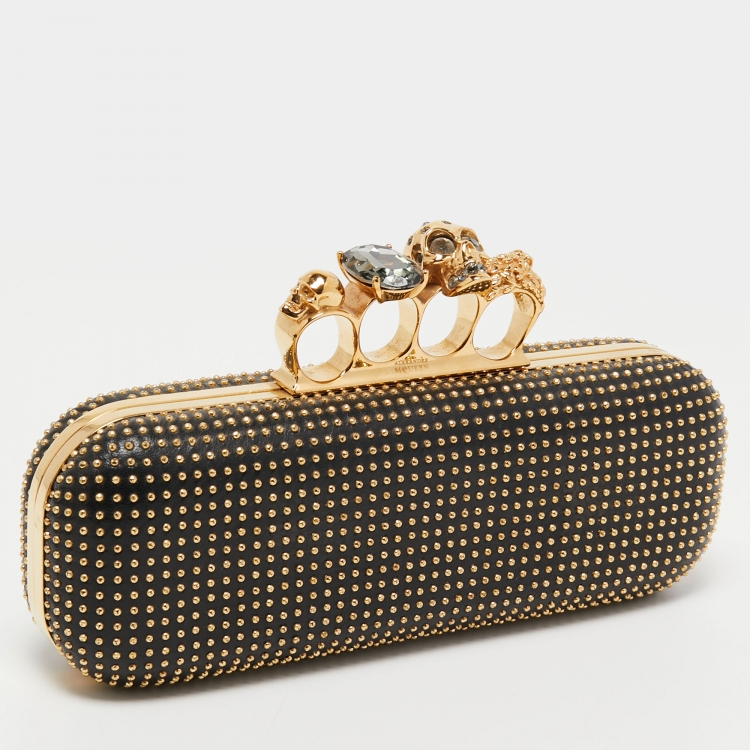 Pre Owned Alexander McQueen Black Studded Leather Skull Knuckle Box Clutch