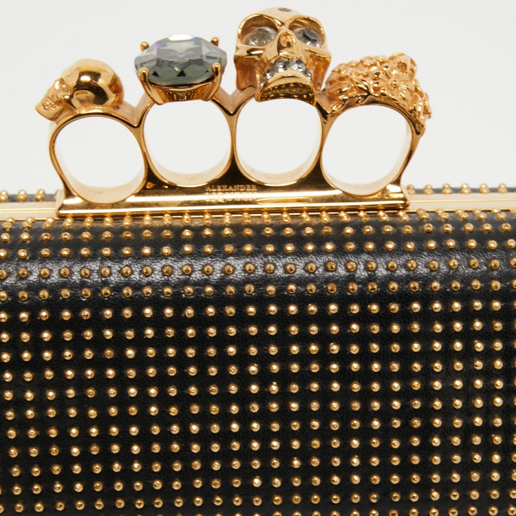Pre Owned Alexander McQueen Black Studded Leather Skull Knuckle Box Clutch