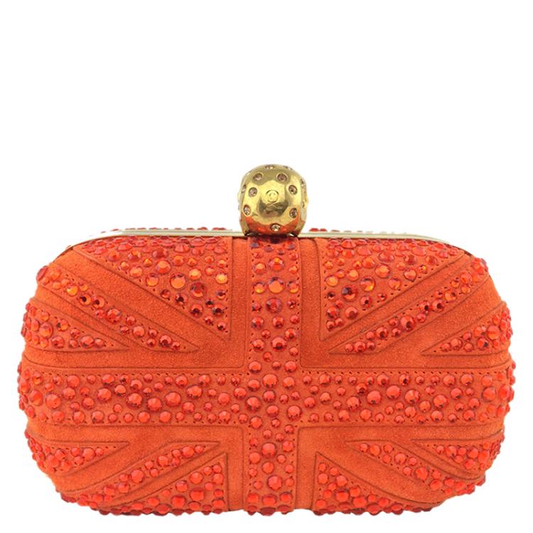 مملوكة مسبقًا Alexander McQueen Orange Suede Crystal Britannia Skull Box Clutch