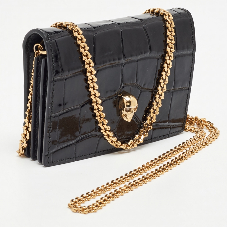 Pre Owned Alexander McQueen Black Croc Embossed Leather Skull Chain Card Case